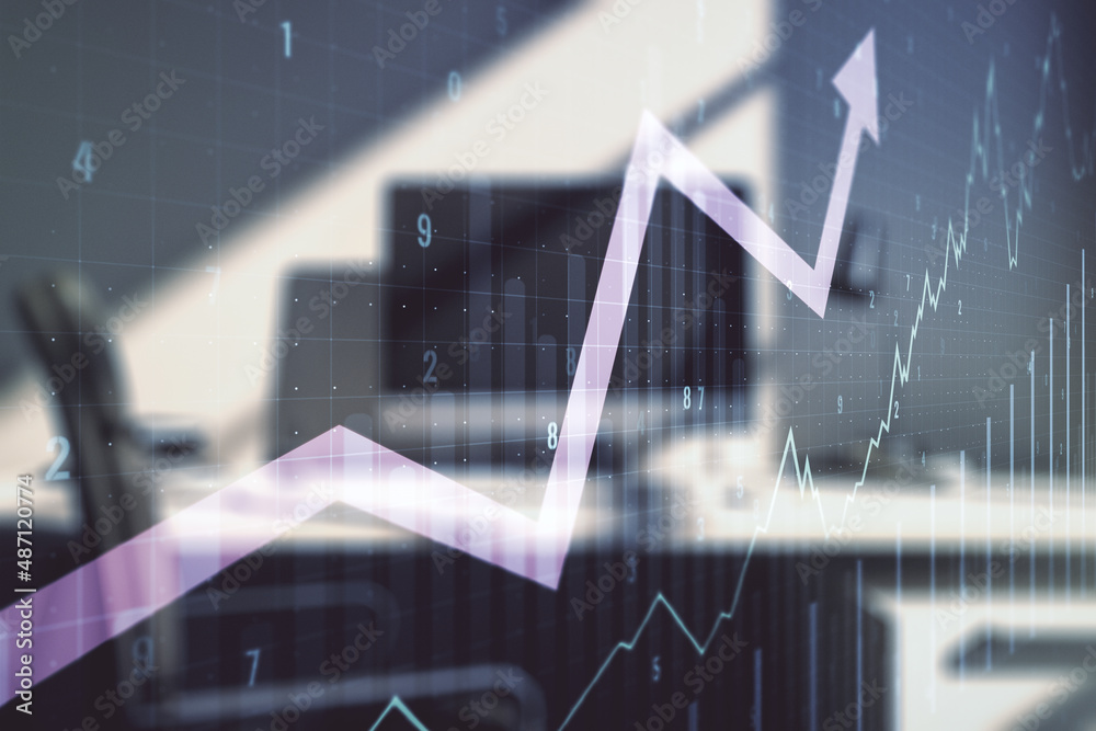 Poster double exposure of abstract creative financial chart with upward arrow and modern desktop with lapto
