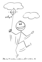 Person Flying Kite , Vector Cartoon Stick Figure Illustration