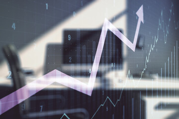 Double exposure of abstract creative financial chart with upward arrow and modern desktop with laptop on background, research and strategy concept