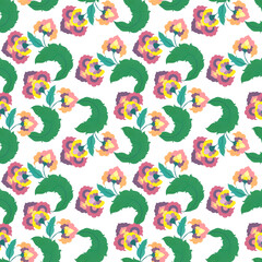 Watercolor flowers in the style of Russian painting. Intertwining floral ornamentation. Red and yellow flowers and green leaves. .