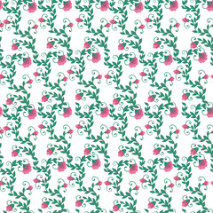 Watercolor pink flowers on intertwining branches. Floral ornamentation. Seamless pattern on white background