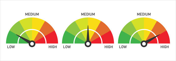 speedometer high medium low isolated on white background. Rating meter infographic with 5 step.  vector illustration modern flat design. Test internet speed sign.