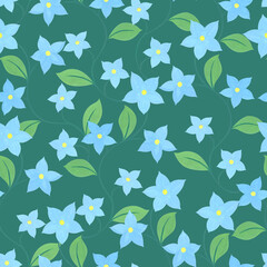 Delicate blue flowers on intertwining stems. Naive style. Spring seamless pattern on a green background. I