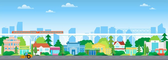 Vector poster with city landscape view with road and bridge. Suburban houses with urban architecture. 