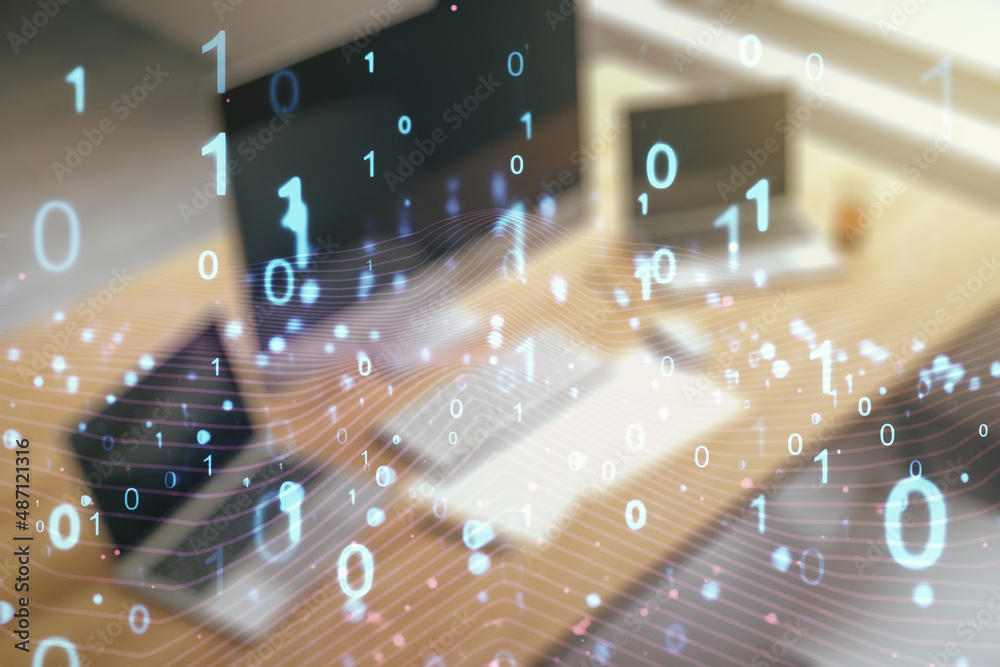 Poster creative abstract binary code hologram and modern desktop with pc on background, ai and machine lear