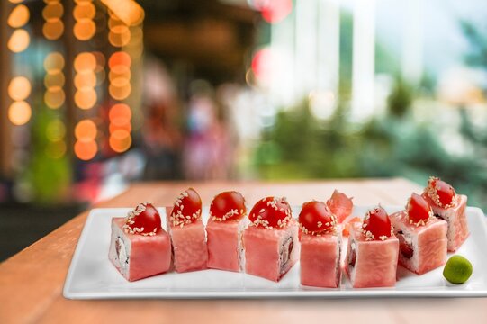 Tasty fresh sushi roll on the desk