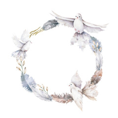 beautiful watercolor spring wreath with doves, butterflies, feathers and flowers in vintage style with love