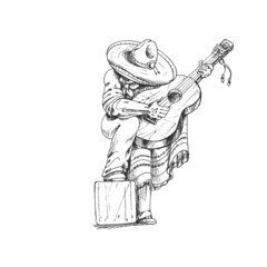 447_man with guitar, Mexican_Mexican man with guitar in sombrero and poncho, graphic illustration in black on white background