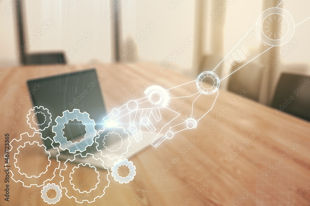 Aufkleber double exposure of robotics technology hologram on laptop background. research and development softw