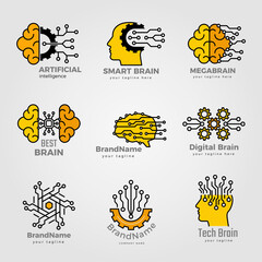 Intelligence logo. Brain and smart technologies symbols structural artificial digits dots computer network vsualization recent vector business identity
