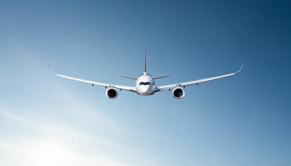 Fototapeta na wymiar Airplane flying in the air with blue sky background
