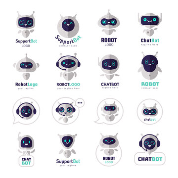 Chatbot logo. Virtual future electronic cyborg characters android faces messenger templates recent vector colored pictures identity