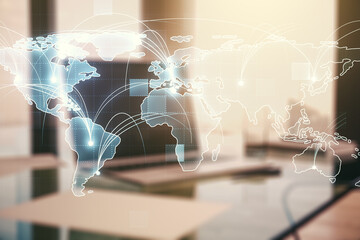 Abstract graphic digital world map with connections on modern computer background, globalization concept. Multiexposure