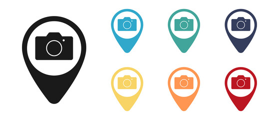 Camera, photo concept. Set of vector icons. Mark on the map. Illustration