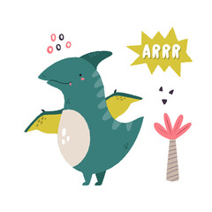Colorful illustration of a funny pterodactyl dino saying arrr © danceyourlife