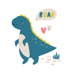 Colorful illustration of a funny trex dino saying roar © danceyourlife