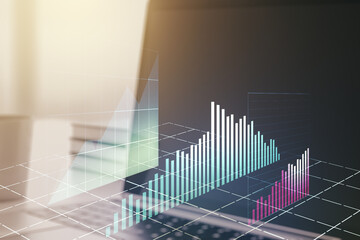 Multi exposure of abstract financial diagram on computer background, banking and accounting concept