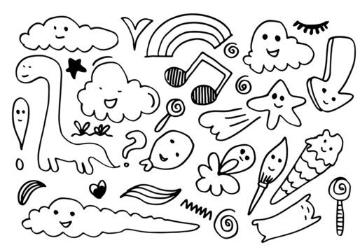 hand drawn kawai doodle cartoon designs for wallpaper, stickers, coloring books, pins, emblems Isolated on white background. Vector illustration.