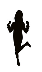 The silhouette of a girl happily jumping on one leg and raising her hands up, the girl wins