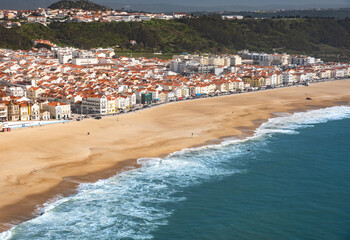 high point view of Nazare. Sand beach, sea, village Nazare, Portugal