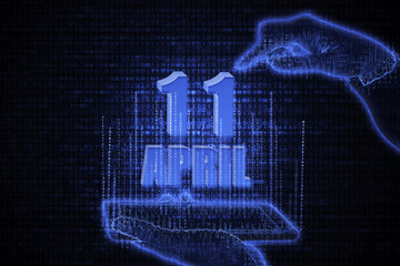 April 11th. A hand holding a phone with a calendar date on a futuristic neon blue background. Day 11 of month.