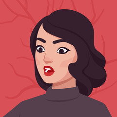 Woman feeling, showing surprise, beautiful lady portrait. Smart emotional modern female social media profile picture. Vector flat style creative illustration, red background