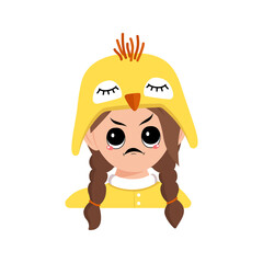 Girl with big eyes and angry emotions, grumpy face, furious eyes in yellow chicken hat. Head of child with furious expression for Easter, New Year or costume for party. Vector flat illustration