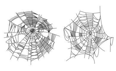 Obraz premium Spider web parts isolated on white background. Scary cobweb outline decor. Vector design elements for Halloween, horror, ghost or monster party, invitation and posters.