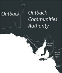 Dark gray flat vector administrative map of regions of the Australian state of SOUTH AUSTRALIA with white border lines and name tags of its regions