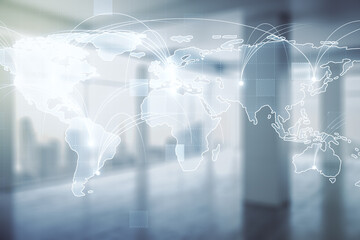 Obraz premium Abstract graphic digital world map hologram with connections on modern interior background, globalization concept. Multiexposure