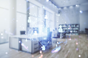 Double exposure of social network icons interface and world map on a modern furnished office interior background. Networking concept