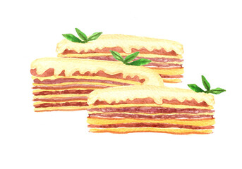 Lasagna, meat casserole with herbs. Humor. Watercolor illustration isolated on white background.