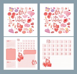 Hand-drawn icons of spring roses, champagne, macaroons, air kisses, pink hearts, love letters. Design logo of the february calendar for Valentine's Day. Vector isolated colorful element. 
