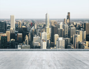 Empty concrete dirty rooftop on the background of a beautiful Chicago city skyline at morning, mock up