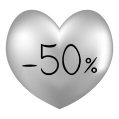 Heart and Sale. Silver heart. Seasonal discount -50% for Valentines Day. Colored vector illustration. Symbol of love. Holiday sale. Isolated background. Idea for web design, banner.