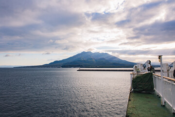 Sakurajima, beautiful active volcano in Kagoshima Japan, from the ship.