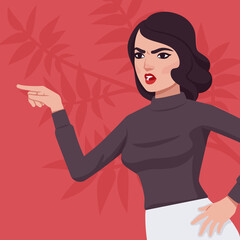 Woman feeling bad, intense anger, blame talk fury lady portrait. Smart emotional modern female social media profile picture. Vector flat style creative illustration, red plant background