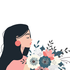 Beauty, fashion, gift, love concept. Young woman girl cartoon character covering face hiding behind the bouquet of flowers. Fashionable lifestyle and womens day present illustration.