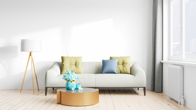 Fototapeta Modern beautiful interior of the room with light walls, large windows and stylish furniture. Bright design in Scandinavian style. 3D rendering