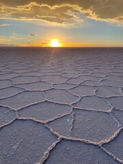 Fototapeta na wymiar Hexagonal salt formations on surface of Salar de Uyuni at sunset, Bolivia