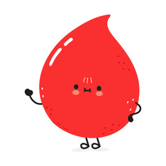 Cute funny blood drop waving hand character. Vector hand drawn cartoon kawaii character illustration icon. Isolated on white background. Blood drop character concept