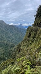 Vertical scenic aerial view on bolivian andes with Road of death, Bolivia