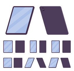 Tablet computer, silver black vertical mobile computing device. Office, home gadget without power button. Vector flat style cartoon illustration isolated, white background, different views, positions © andrew_rybalko