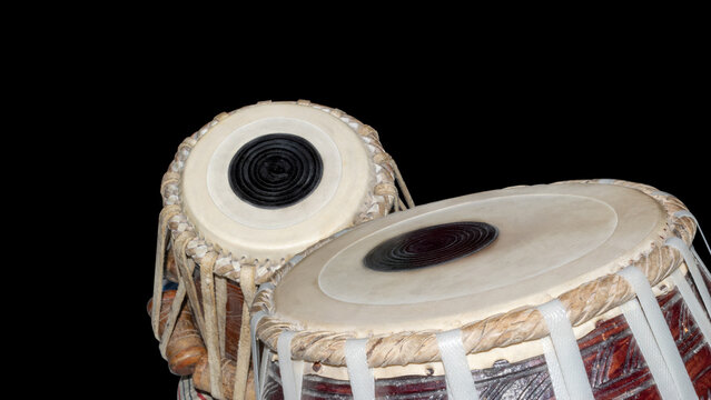 Tabla, Table musical instrument, traditional Indian drum set isolated on black background with copy space.