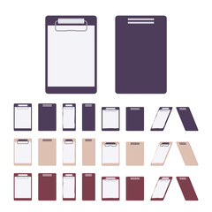 Office clipboard hardboard vertical set, portable writing letter size. Home, school stationery. Vector flat style cartoon illustration isolated, white background, different colors, views and position