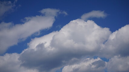 Cumulus (Cu), chmura kłębiasta – oddzielna, nieprzezroczysta, zwykle biała chmura złożona z kropel wody. Jej górna część (z wyjątkiem gatunku Cumulus fractus) ma kształt kopulasty lub kalafiorowaty.  - obrazy, fototapety, plakaty