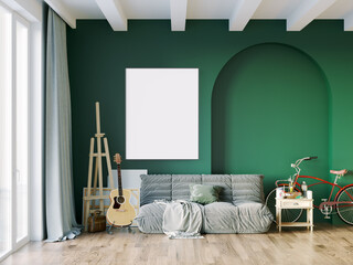Modern beautiful interior of the room with light walls, large windows and stylish furniture. Bright design in Scandinavian style. 3D rendering
