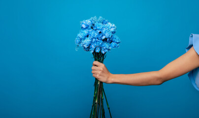 Side view photo of female hand with bunch of blue flowers in studio. Present in womens holidays.