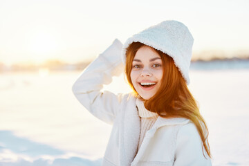 beautiful woman winter weather snow posing nature rest Lifestyle