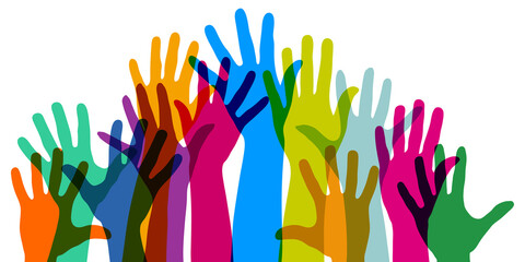 Aufsteigende bunte Hände als Gemeinschaft oder Schule